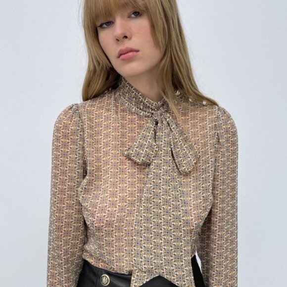 New ZARA WOMEN'S PRINTED SHIRT WITH TIE - Picture 4 of 9